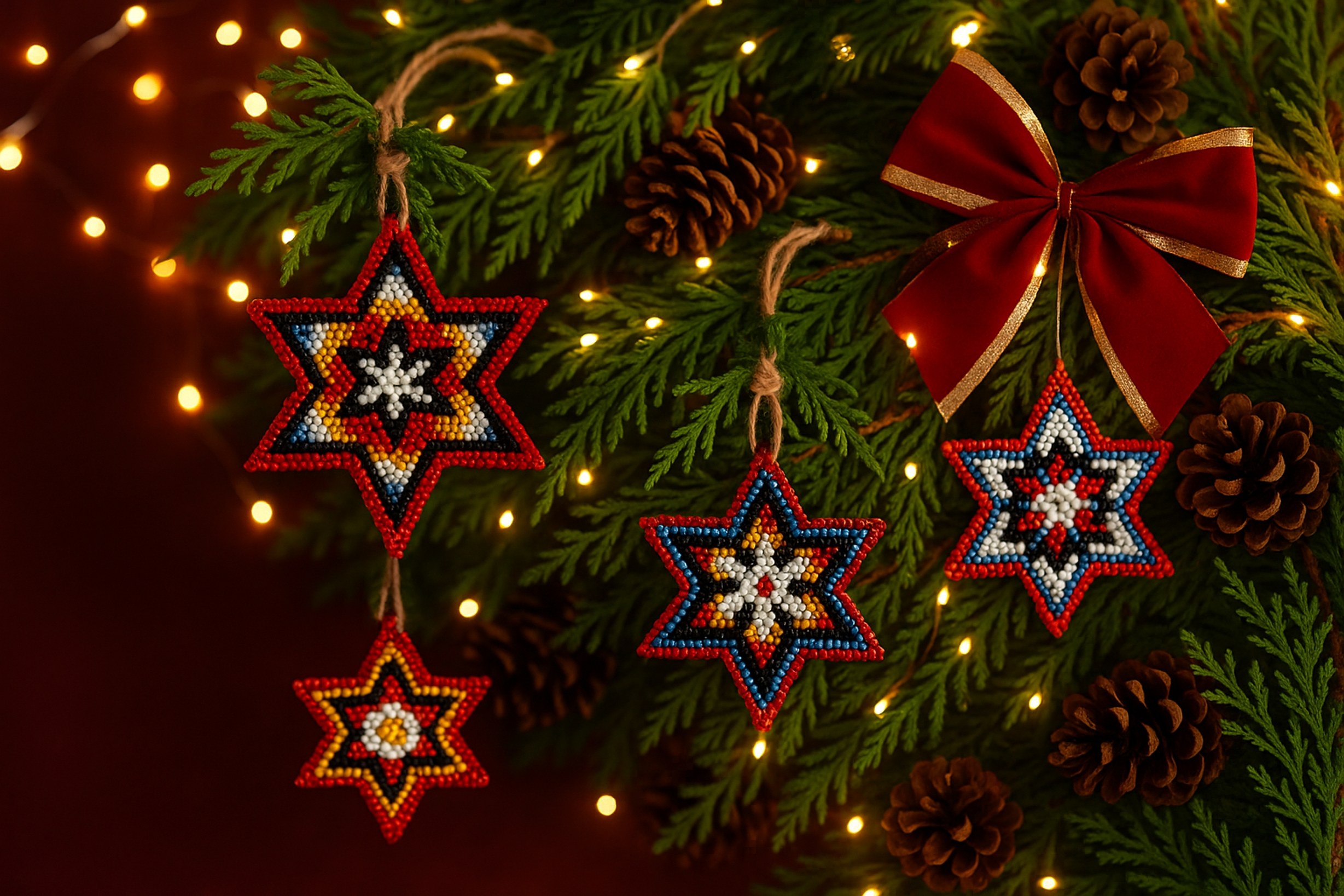 Beaded star ornaments on cedar branches with pinecones and warm holiday lights — celebrating Indigenous craftsmanship and the holiday season.